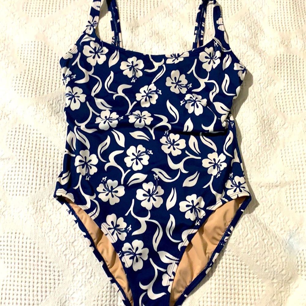 Navy Blue Hibiscus Print One Piece